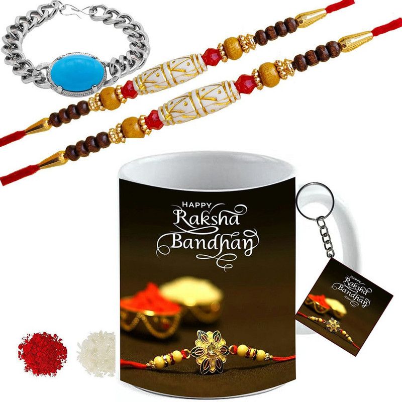 Mug Set  (2 Rakhi, 1 Printed Mug, 1 Keyring, 1 Roli Rice)