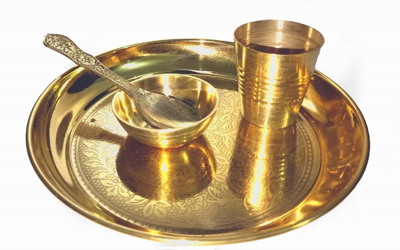 Solino Solino Brass Flower Embossed Design Pooja laddugopal Thali Set of 4 Pcs Brass  (1 Pieces, Gold)