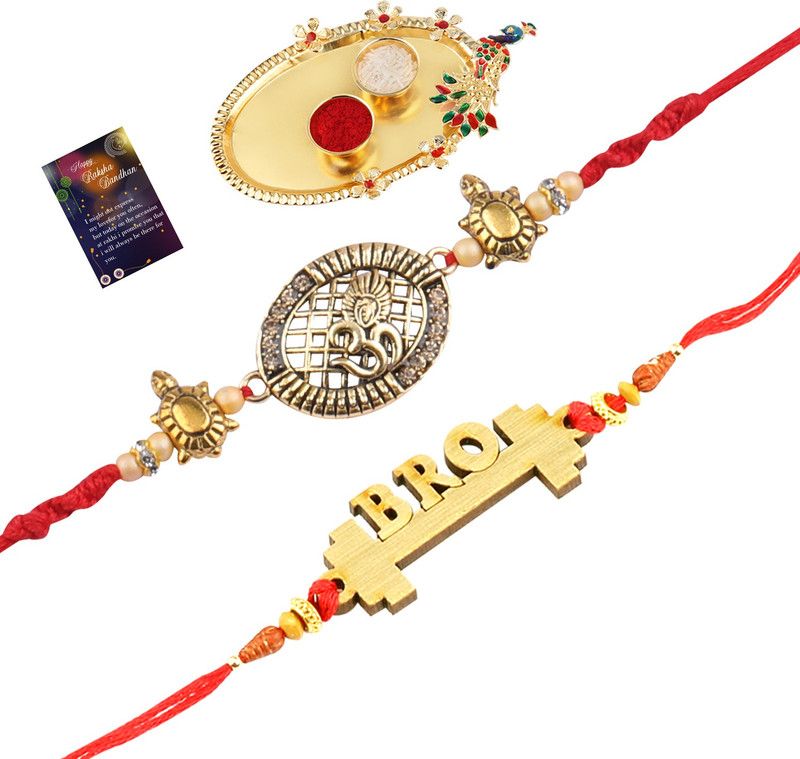 Rakhi, Chawal Roli Pack, Thali, Greeting Card Set  (2 Rakhi With Roli Chawal,1 Kankawati Pooja Thali And Greeting Card)