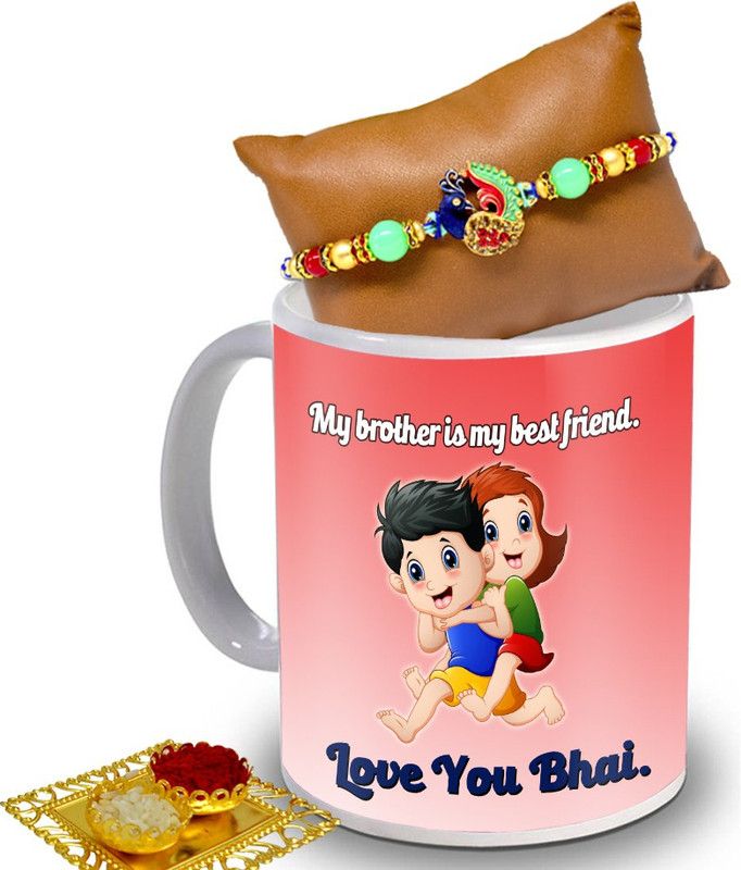 Avirons Rakhi, Mug, Chawal Roli Pack  (1 Fancy Rakhi, 1 Quote Printed Ceramic Mug (325 ml), 1 Chawal Roli Pack)