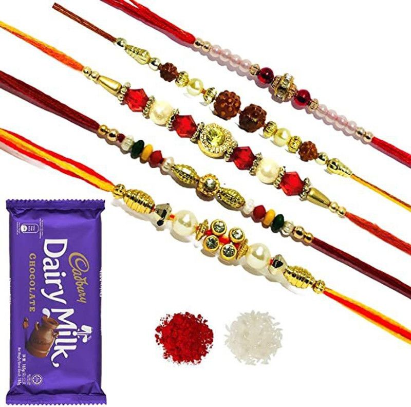 Simple Classy Rakhi Combo of 5, 1 Free Chocolate and 1 Tikka Pack for Bhai Rakhi Set  (1)