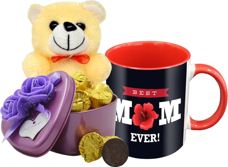 Midiron Lovely Gifts For Mother, Dark Chocolate Bar, Ceramic Mug with Cream Teddy IZ19Choco15TinBox4PurMUrTCr-STMother-02 Ceramic, Silk Gift Box  (Multicolor)