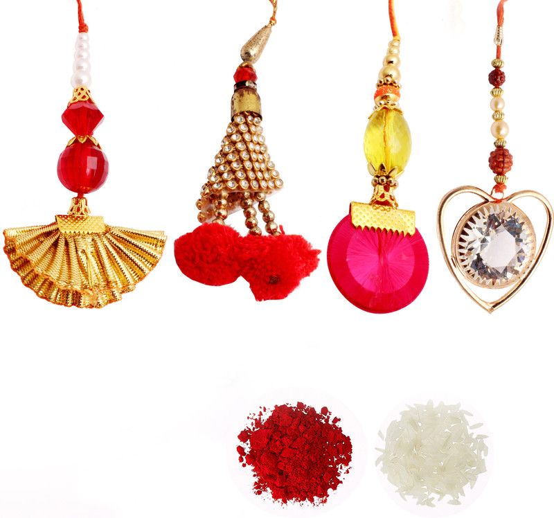 Rakhi, Chawal Roli Pack Set  (4 Lumba Rakhi, Roli Chawal Pack)