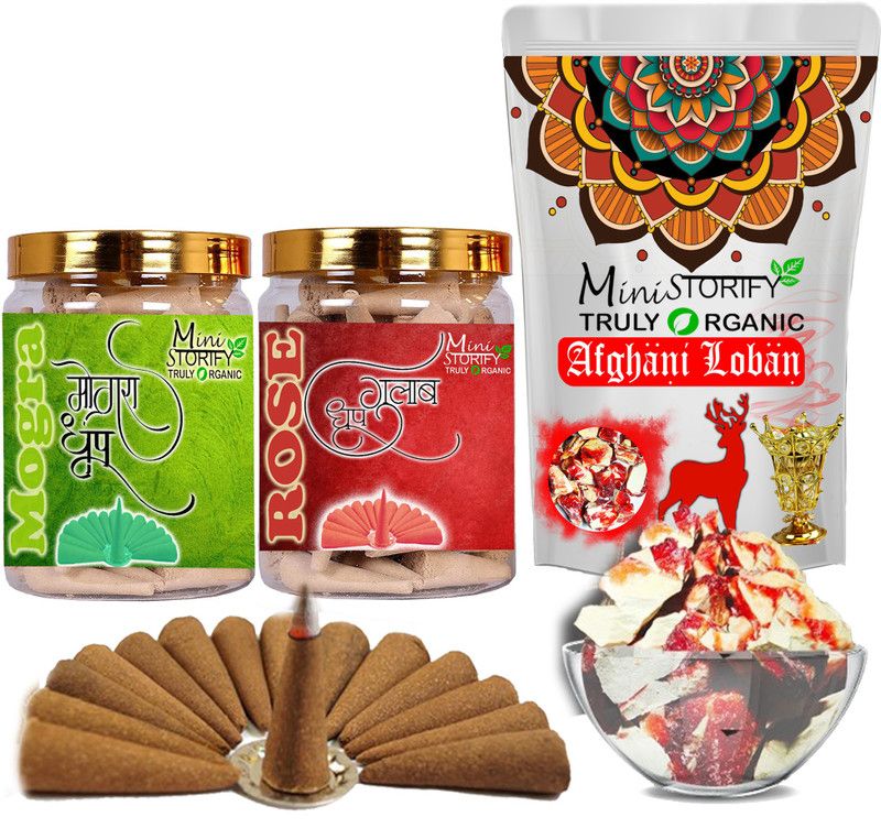 Mini Storify Truly Organic Red loban150gm,Mogra dhoop Cone 70pcs,Rose dhoop Cone 70pcs (Pack of 3) Dhoop  (Pack of 3)