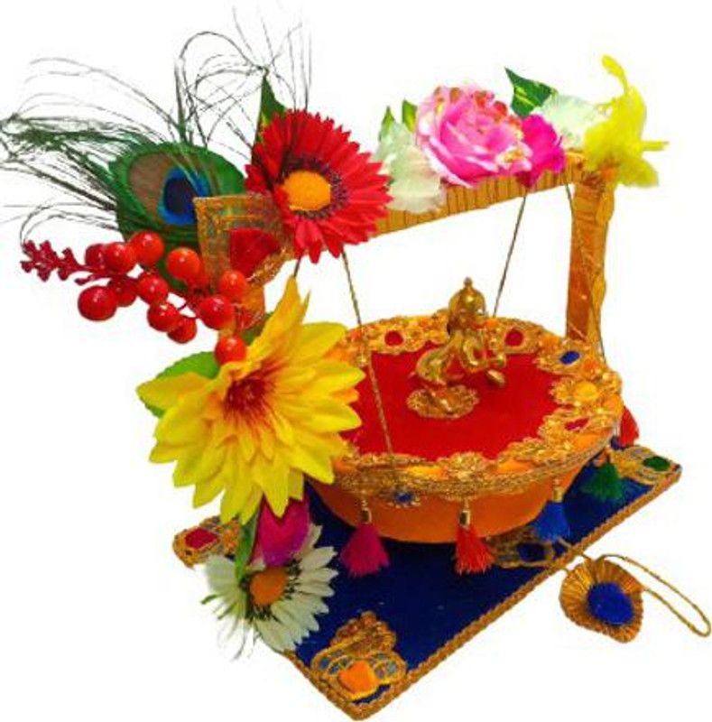 Kanha Laddu Gopal Janmashtami Special WOODEN Jhula Decorate With Flowers And LED Lights Size (0 to 3) Handmade Premium Quality Jhula
