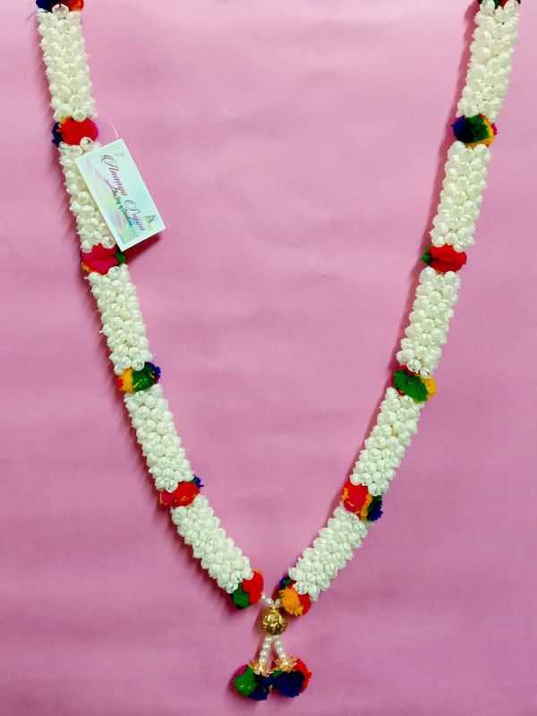 Ananyo Srijon 24 inch Handmade Artificial Flower & Moti Mala / Garland for God/ Idol/ Photo; Artificial Jasmine Flower, Moti, Pom Pom Garland  (Multicolor)