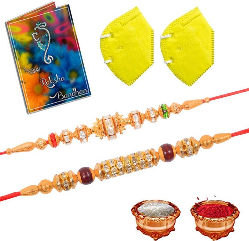 Rakhi, Mask, Greeting Card, Chawal Roli Pack Set  (2 Rakhi, 2 Mask, 1 Greeting card, 1 Roli chawal)