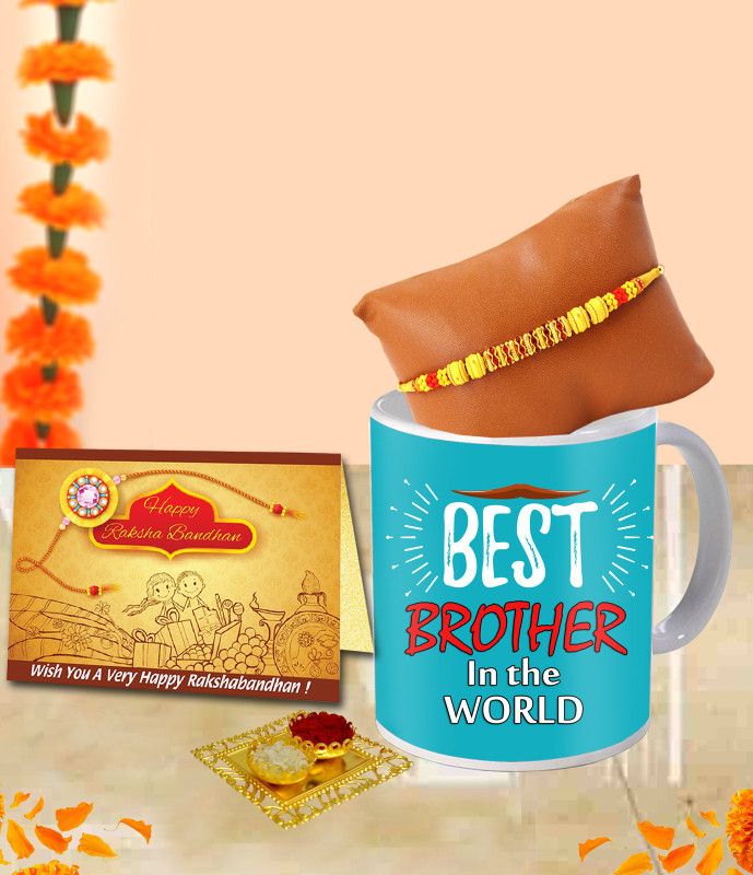 Rakhi, Mug, Greeting Card, Chawal Roli Pack Set  (1 Ceramic coffee Mug, 1 Rakhi, 1 Greeting Card)