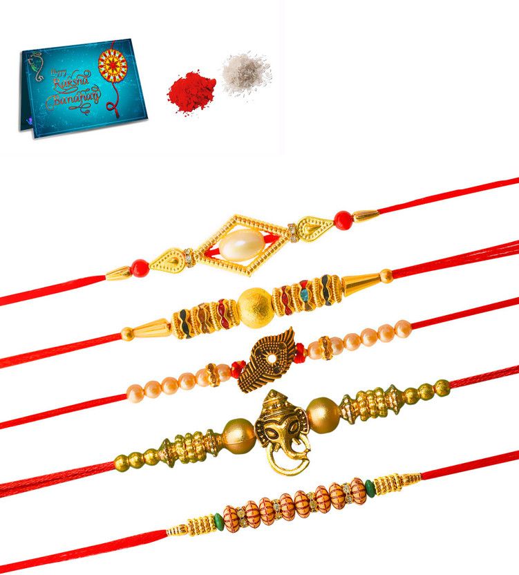 Rakhi, Greeting Card, Chawal Roli Pack Set  (5 Rakhi, Roli Chawal, Greeting Card)