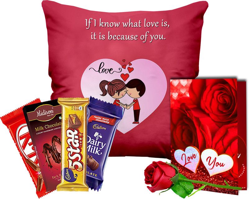 Midiron Valentine’s Day Gift Items|Romantic Gift (Chocolate, Cushion, Rose, Card) Ceramic, Fiber, Paper Gift Box  (Multicolor)