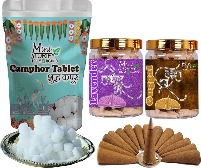 Mini Storify Truly Organic Camphor tablet 100gm,Gugle dhoop Cone 70pc,Lavender dhoop Cone 70pc (Pack-3) Dhoop  (Pack of 3)