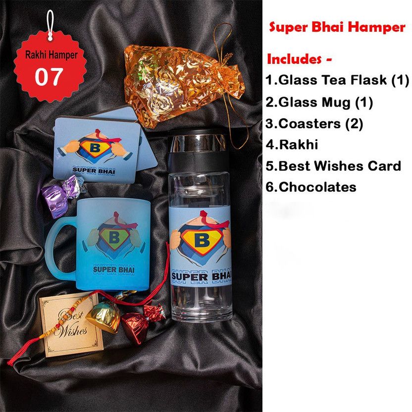 Rakhi Set  (GLASS TEA FLASK, RAKHI, GLASS MUG, 2 COASTERS, CHOCOLATES, WISHES CARD)
