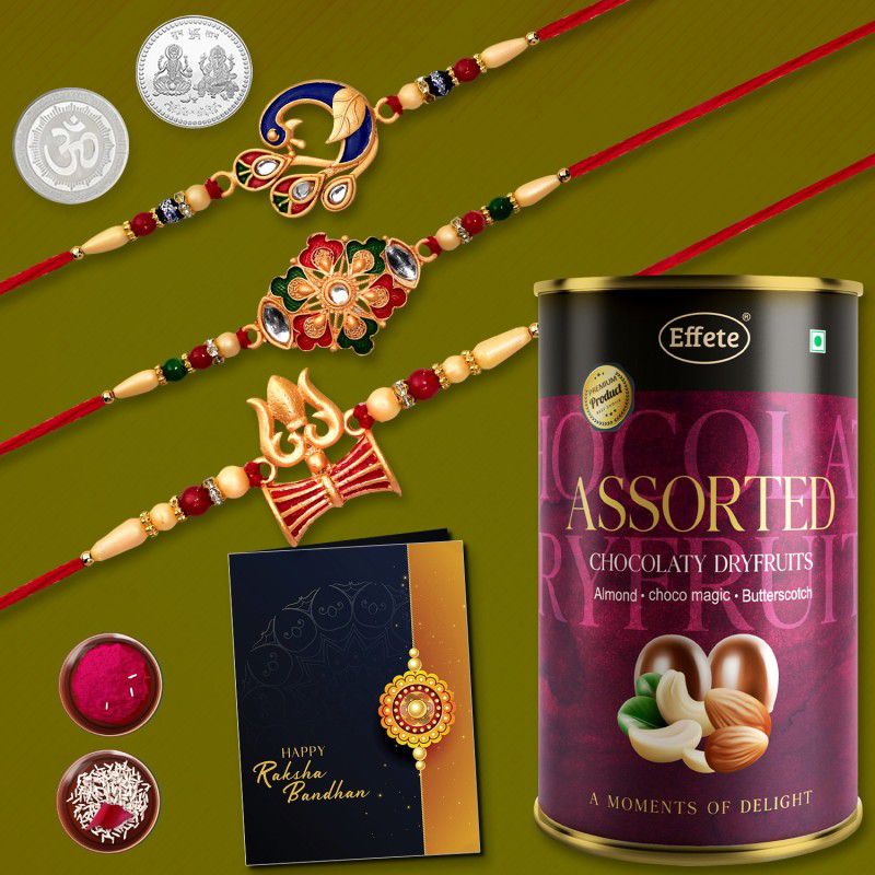 Rakhi, Chawal Roli Pack Set  (3Pcs Rakhi, 1Pcs Chocolate Can, 1Pcs Coin Roli Chawal Greeting card)