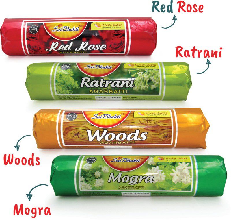 SAIBHAKTI Incense stick set of 4 each 250gms, Mogra, Woods Red Rose, & Ratrani (Agarbatti)  (4, Set of 4)