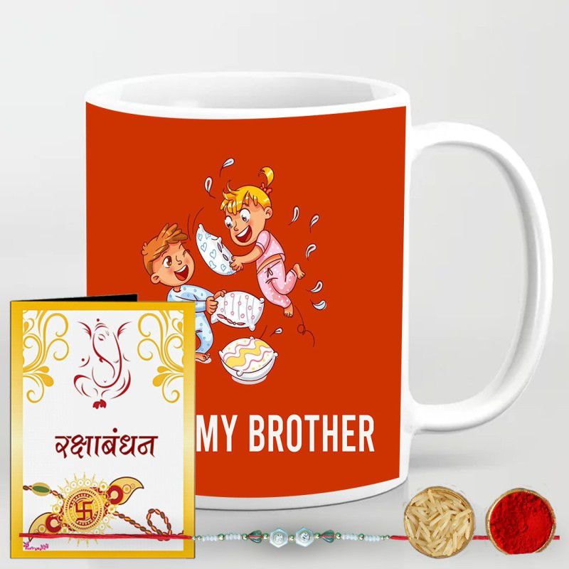 Mug, Greeting Card, Chawal Roli Pack, Rakhi Set  (1 Coffee Mug, Greeting Card , Rakhi, tikka,chawal)
