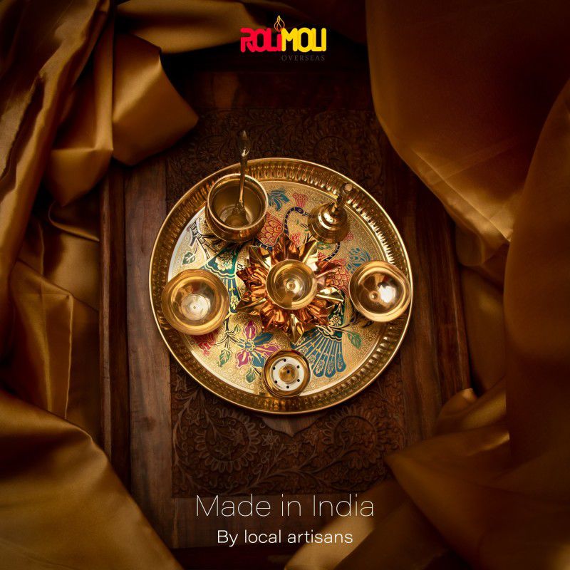 Rolimoli Premium Peacock Handcrafted Pooja Design Brass Pooja thali Set for Festival Brass  (8 Pieces, Gold)