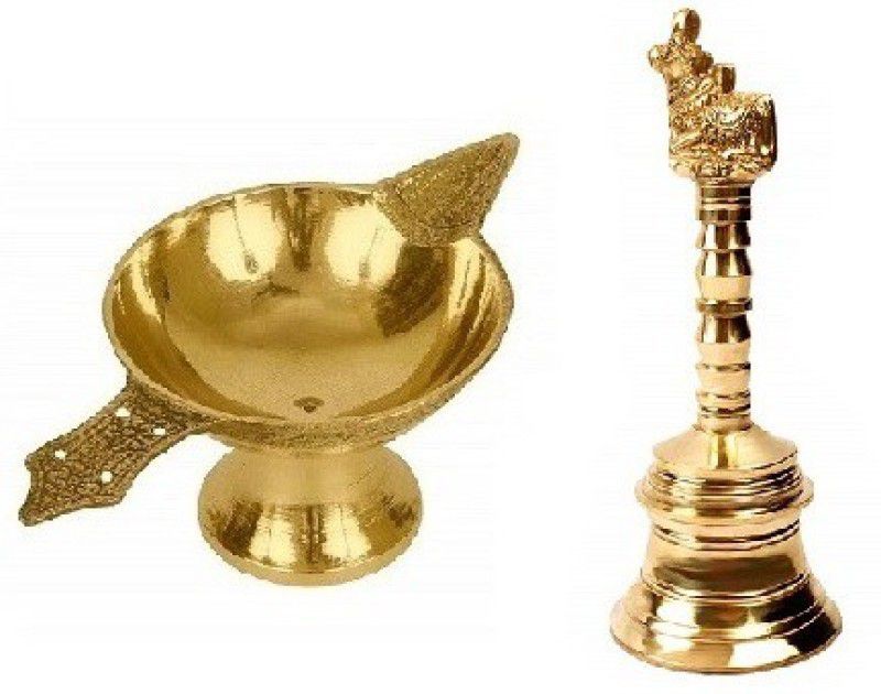 Adhvik Combo Of Laxmi Pital ( No 1 Small Size) Diya Oil / Ghee Lamp With Nandi Head Small Size Puja Bell Brass  (Gold)