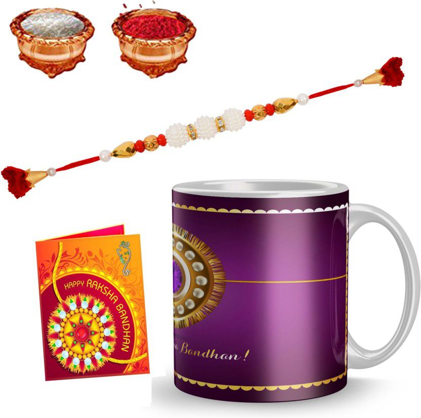 Rakhi, Chawal Roli Pack, Greeting Card, Mug Set  (1 Rakhi, Mug, Roli Chawal, Greeting Card)