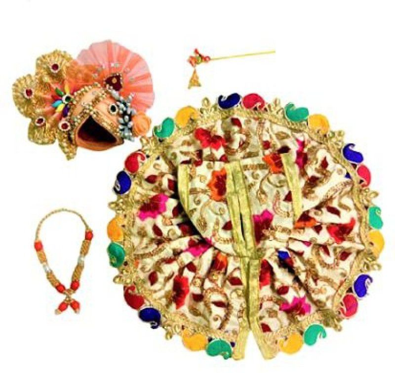 MountAlps AV Creations Multi Coloured Laddu Gopal Ji, Kanha Ji/ Thakur Ji Dress/Poshak/Pagdi, made of Silk Cloth, Combo of a total 4 items 1 Poshak, 1 Mukut, 1 Mala, 1 Bansuri of Gopal ji Idol, Dress Size: Diameter: 7 Inch, Idol Size-3. Dress  (Silk)