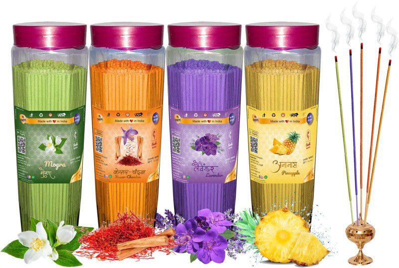 Shankh Kesar Chandan, Mogra, Lavender & Pineapple Agarbatti (Incense Stick) Pack of 1200 gram (300 + 300 + 300 + 300) Fragrances Kesar Chandan, Mogra, Lavender, Pineapple  (300, Set of 4)