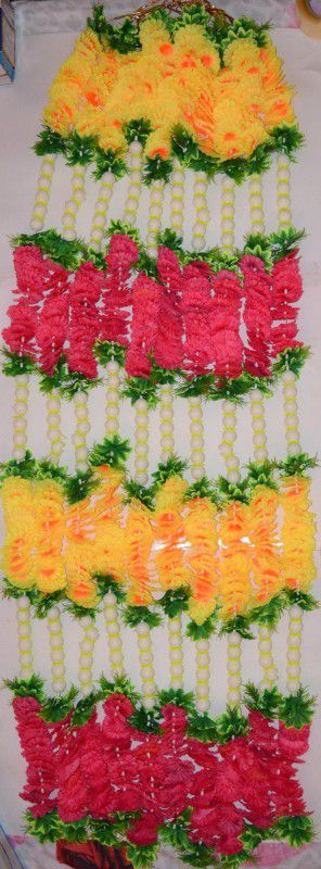 ONRR Garland garland yellow red flowers + moti-Pack of 10 ladi 70inches long 6 inches wide fabric, mogra=plastic Garland  (White, Red, Yellow)