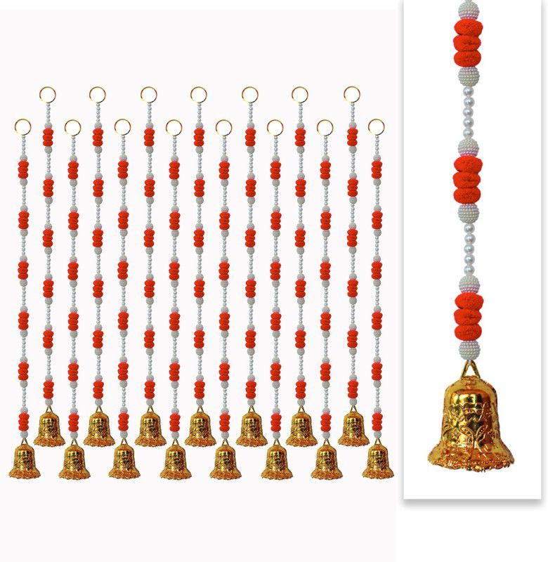 iHandikart Door Hanging Strings with beads, pom pom & Bell,Color Orange (75003-D-15) Plastic Garland  (Orange)