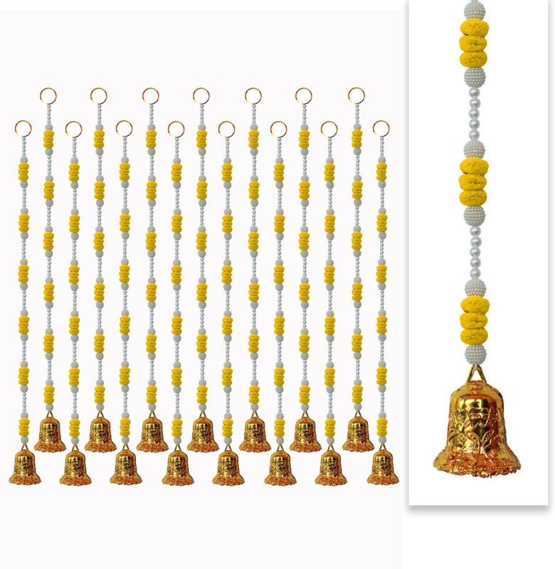 iHandikart Door Hanging Strings with beads, pom pom & Bell,Color Yellow (75003-G-15) Plastic Garland  (Yellow)