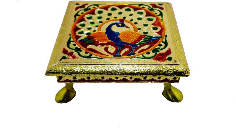 Shubhaarambh RAJASTHANI MINAKARI OXIDIZED DESIGNER PATLA WITH PEACOCK DESIGN FOR HOME TEMPLE AND ALSO FOR HOME DECORATION AND GIFTING PURPOSE. SIZE (5.5X5.5 INCH) Wooden Pooja Chowki  (Gold, Pack of 1)