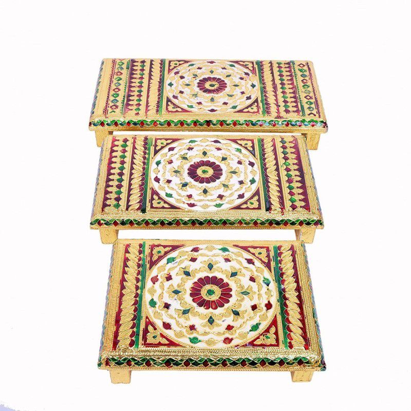 TECHZAGE Wooden Pooja Chowki  (Gold, Multicolor)