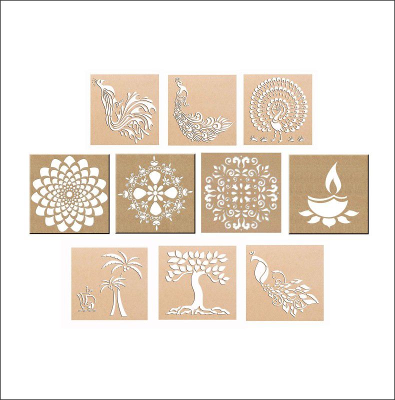 creatick Studio Wood Floral Rangoli Making Stencil (Combo Pack Of 10) _ RS54 Rangoli Stencil