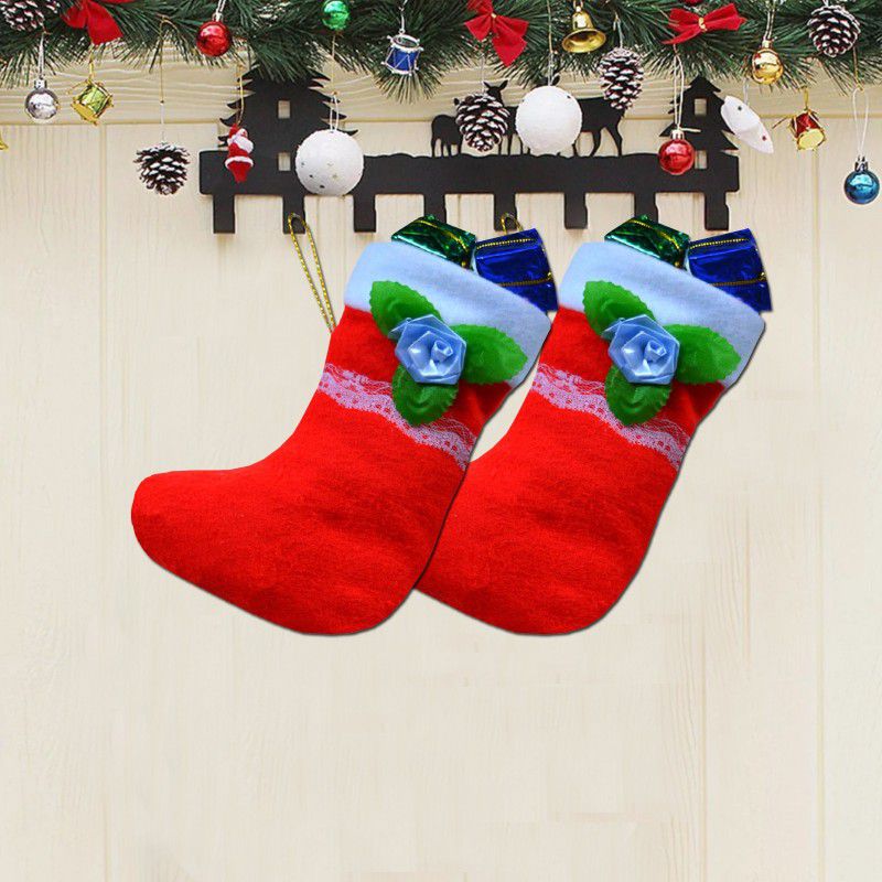 ME&YOU Hanging Christmas Socks in Red Christmas Stocking  (Pack of 2)