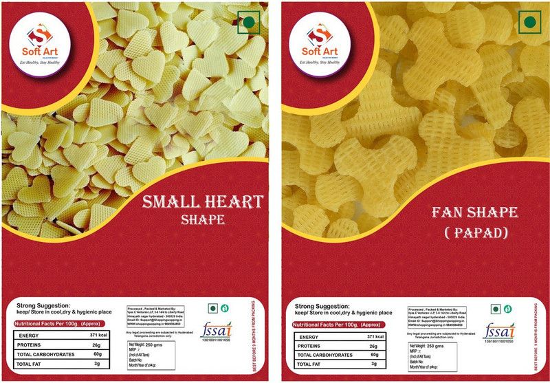 Soft Art Home Made Small Size Heart Shape Fryums, and Fan Shape Fryums (250g Each) Fryums 500 g  (Pack of 2)