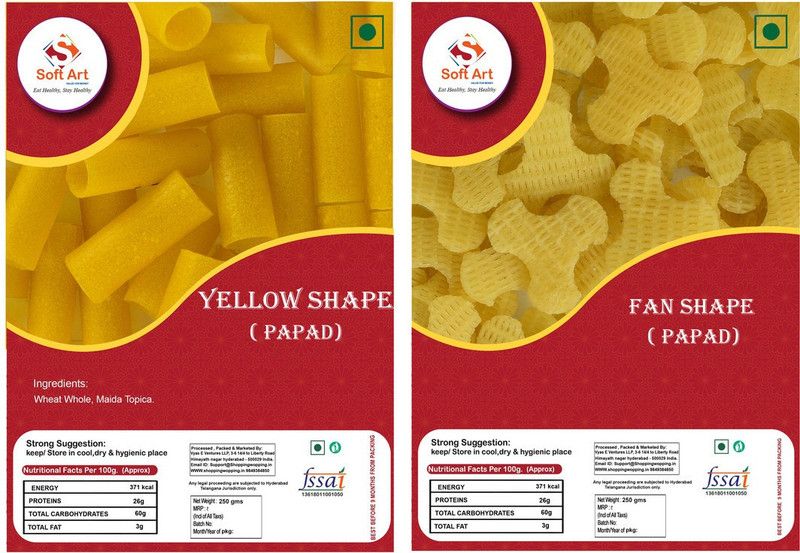 Soft Art Home Made Yellow Shape Fryums, and Fan Shape Fryums (250g Each) Fryums 500 g  (Pack of 2)