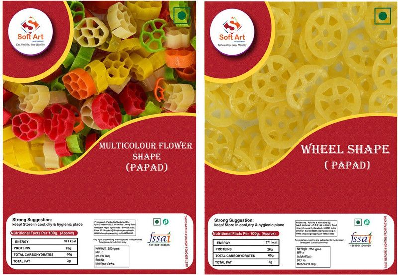 Soft Art Home Made Multicolor Flower Shape Fryums, and Wheel Papad Fryums (250g Each) Fryums 500 g  (Pack of 2)