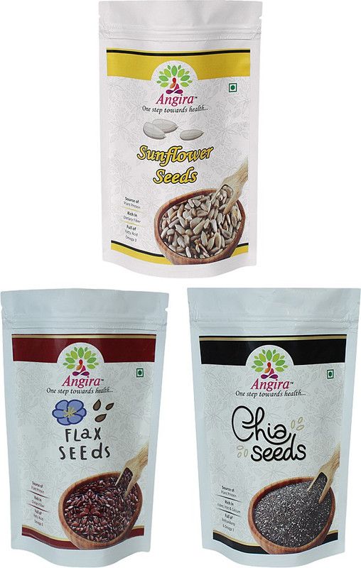 Angira Combo Pack Of 3 Flax Seeds, Sunflower Seeds, Chia Seeds - 150 Gram Each Pack [ Pouch ] [ Pouch ] Brown Flax Seeds, Sunflower Seeds, Black Chia Seeds  (450 g, Pack of 3)