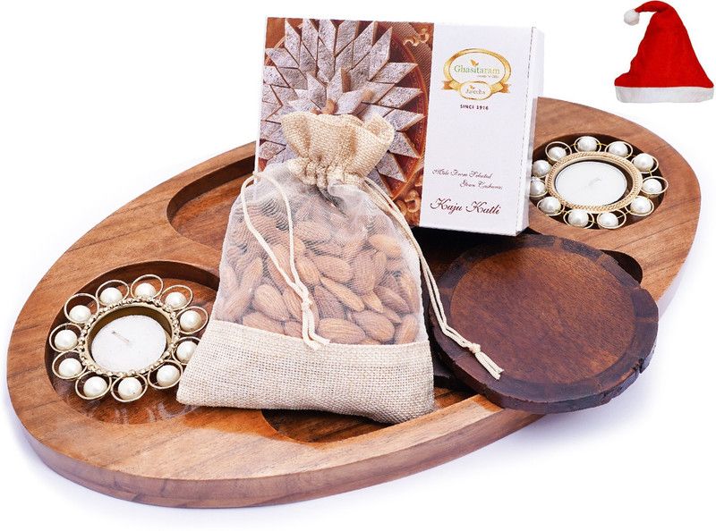 Ghasitaram Gifts Christmas Gifts-Chip n Dip Wooden Platter with T-lites, Coasters, Almonds Pouch And Kaju Katli Combo  (400g)