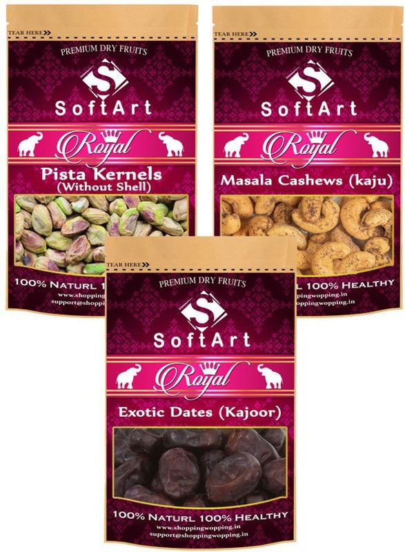 Soft Art Dry fruits Royal combo of Pista Kernels,Masala Kaju,khajoor (100g Each) Pistachios, Cashews, Dates  (3 x 100 g)