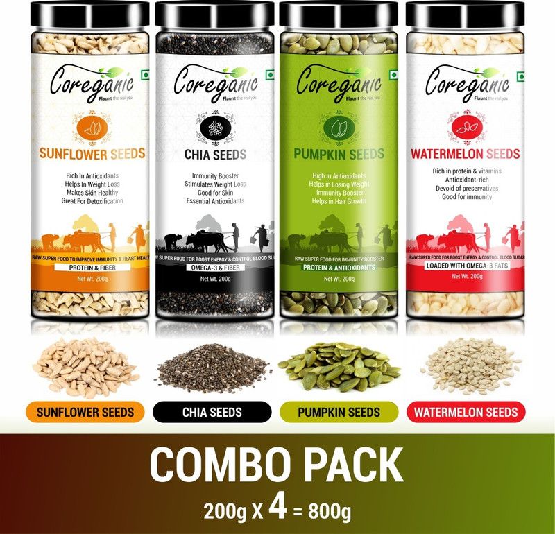 Coreganic Certified Raw Seeds Combo ( Chia, Sunflower, Pumpkin and Watermelon) Chia Seeds, Sunflower Seeds, Pumpkin Seeds, Watermelon Seeds  (800 g, Pack of 4)
