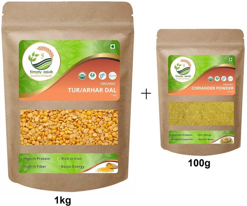 Simply Jaivik Tur/Arhar Dal 1000g Organic - Red Gram Arhar Dal With 100g Coriander Powder Combo  (1kg Tur/Arhar Dal_100g Coriander Powder)