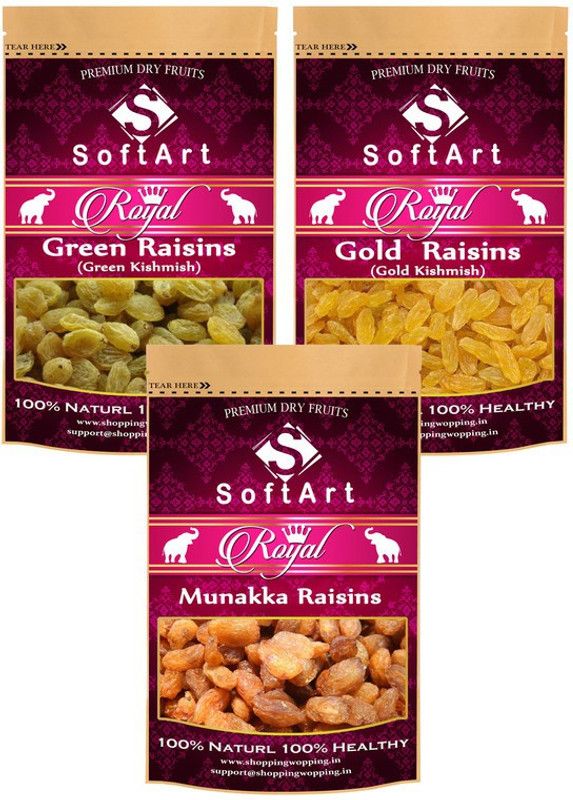 Soft Art Dry fruits combo of Green Kishmish,Gold Kishmish,Munakka (100g Each) Raisins, Raisins, Raisins  (3 x 100 g)