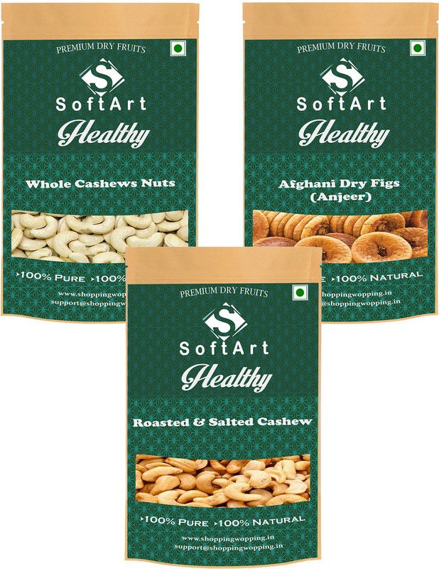 Soft Art Whole Cashews Nuts, Afghani Dry Figs (Anjeer) & Roasted & Salted Cashew (250g Each) Vaccum Pack Cashews, Figs, Cashews  (3 x 250 g)