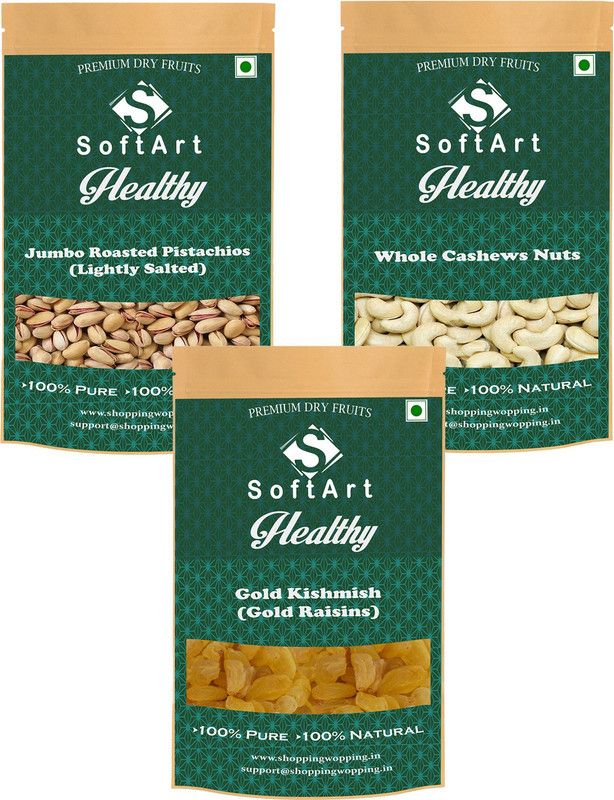 Soft Art Jumbo Roasted Pistachios, Whole Cashews Nuts & Gold Kishmish (Gold Raisins) (250g Each) Vaccum Pack Pistachios, Cashews, Raisins  (3 x 250 g)