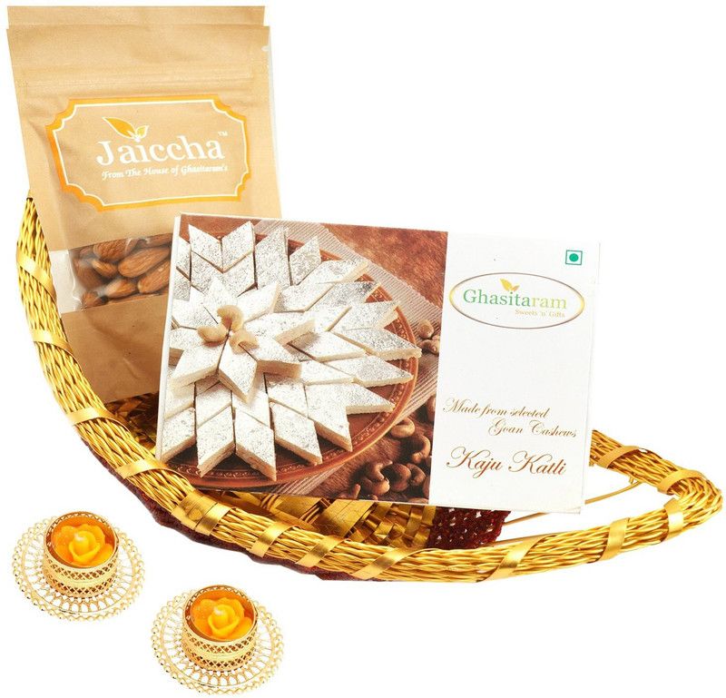Ghasitaram Gifts Boat Basket of Kaju Katli and Almonds with T-lites Combo  (300 g)