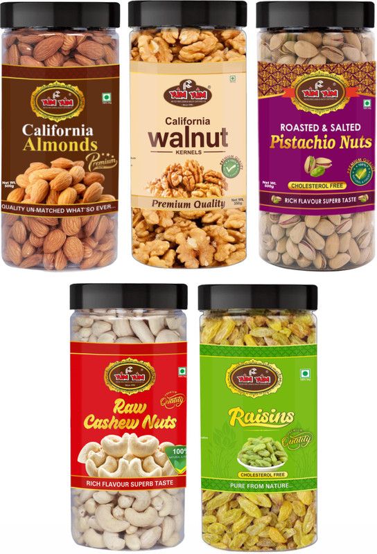 YUM YUM Dry Fruits Almond 500g, Cashew 500g, Pista 500g , Walnut Kernels 350g & Raisins 500g - 2350g (Jar) Almonds, Cashews, Walnuts, Pistachios, Raisins  (5 x 470 g)