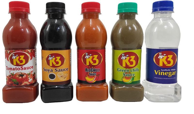 K3 Masala Sauce (200gm),Green Chilli Sauce (200gm),Red Chilli Sauce (200gm),Tomato Sauce (200gm),,Vinegar (200gm)(Pack of 5) Sauce  (5 x 200 ml)