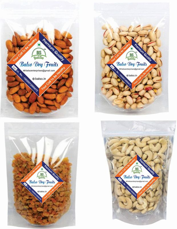 BalSo BS-Premium 100% Natural Almonds (150g) Cashews (150g) Roasted Pista (150g) And Raisins (150g) 600g dry fruits combo pack Almonds,Kaju,Pista And Kishmish (4x150g) Cashews, Almonds, Raisins, Pistachios  (4 x 150 g)