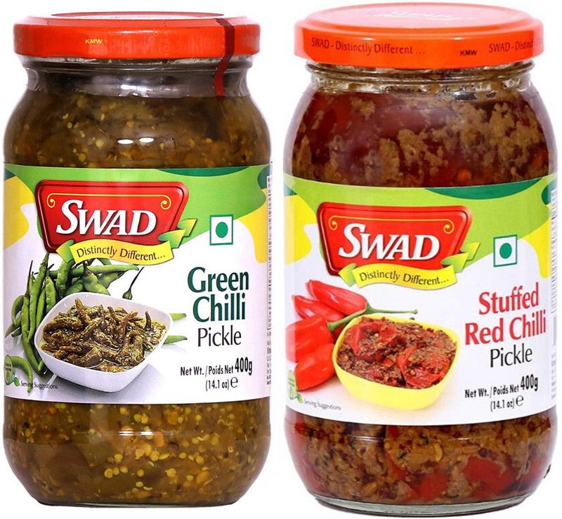 SWAD Combo Pack of Green Chili and Stuffed Red Chili Pickle | 400g Each Green Chilli, Red Chilli Pickle  (2 x 400 g)