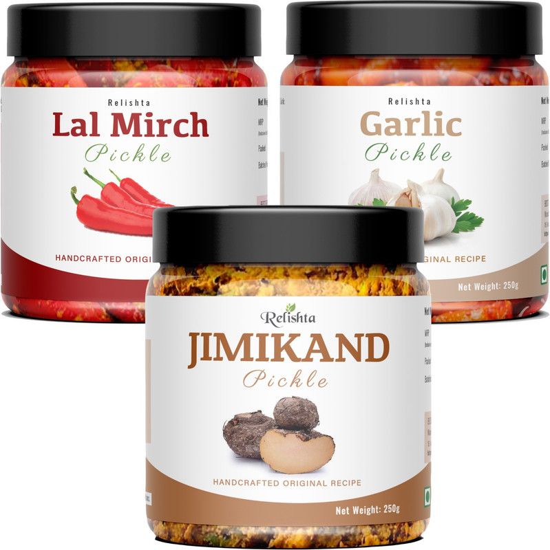 Relishta Jimikand Lal Mirch & Garlic Pickle Suran Achar Combo (3x250G) Less Oil Homemade Mixed Vegetable Pickle  (3 x 250 g)