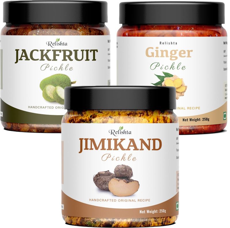 Relishta Jimikand Jackfruit & Ginger Pickle Suran Achar Combo (3x250G) Less Oil Homemade Mixed Vegetable Pickle  (3 x 250 g)