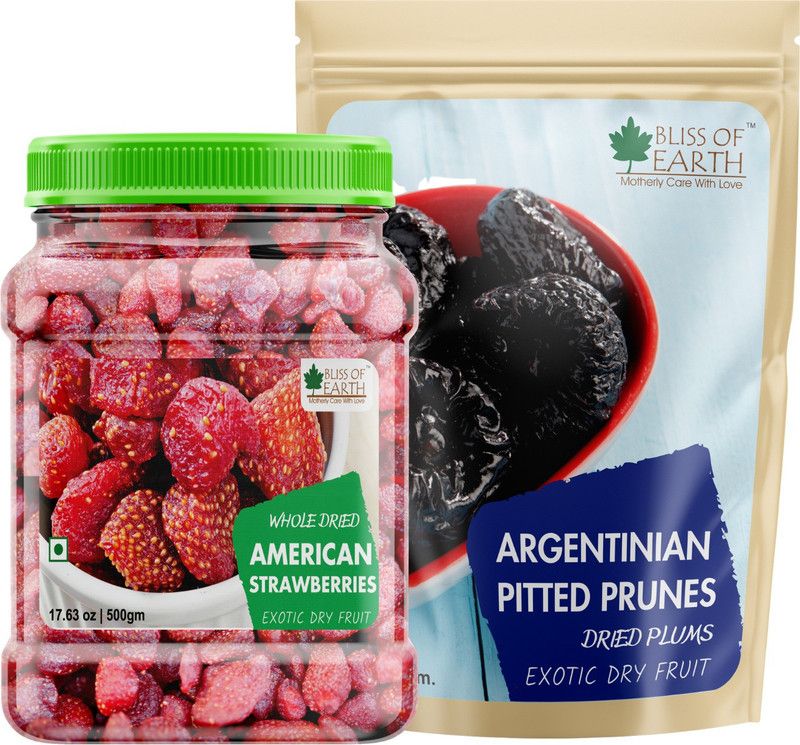 Bliss of Earth 500gm Whole Dried American Strawberries+500gm Argentinian Pitted Prunes Exotic Dry Fruit Healthy and Tasty Strawberries, Prunes  (2 x 0.5 kg)